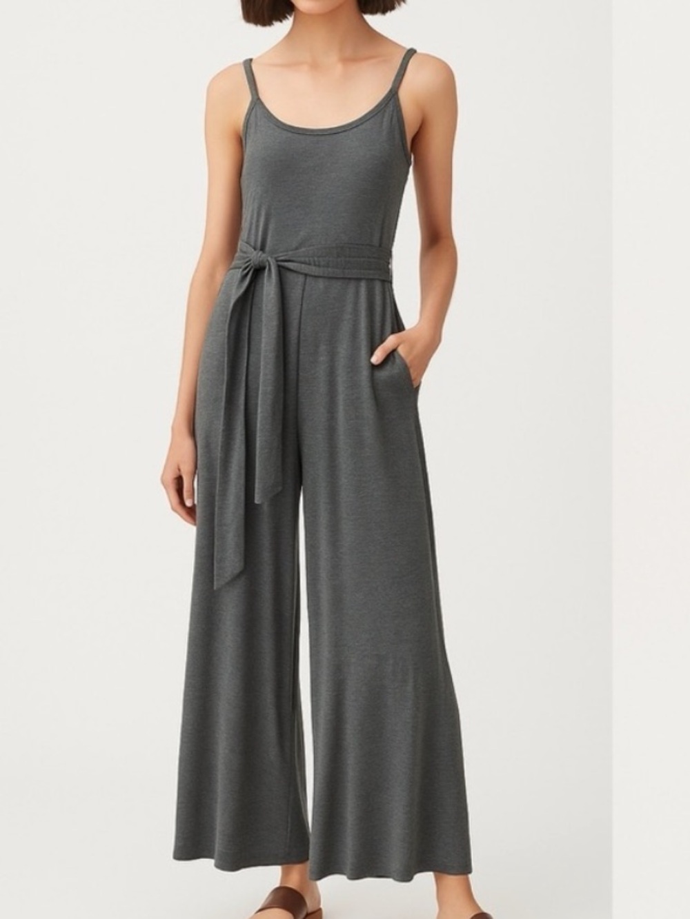 Cuyana V Back Jumpsuit Wide Leg Pima Cotton Modal Blend Grey Belted Pockets S